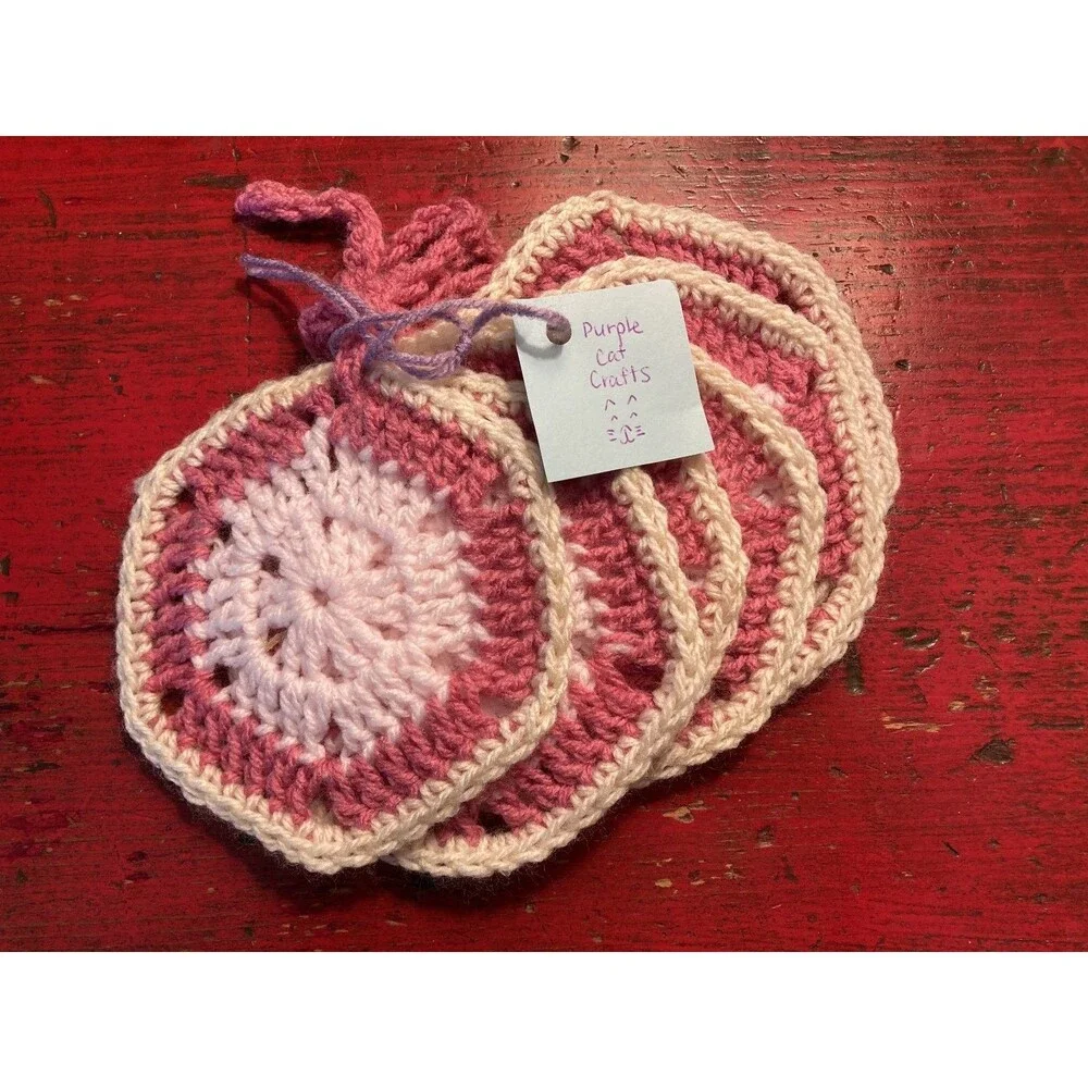 PURPLE CAT CRAFTS Handmade Crocheted Coasters Lot of 6 Rose White